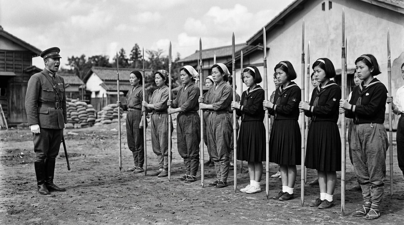 1945年日本本土決戰狂熱中的平民動員。日本婦女與女學生被迫拿起削尖的竹槍進行衝刺刺殺，作為「一億玉碎」口號下保衛天皇寶座的血肉肉盾。
