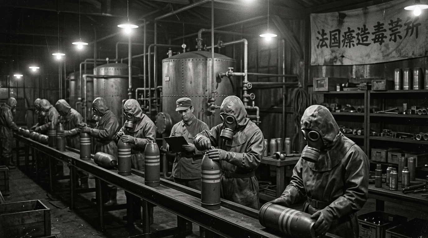 廣島縣外海的大久野島化學毒氣工廠生產現場。日軍技術人員與士兵佩戴防毒面具組裝致命的「特種彈」（芥子氣與路易氏劑），其使用全經裕仁親批《大陸命》背書。
