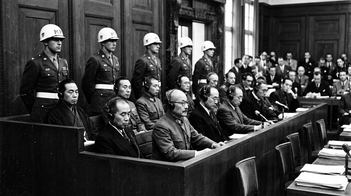 遠東國際軍事法庭（東京大審判）上的東條英機與甲級戰犯被告席。在麥克阿瑟與菲勒斯準將的秘密運作下，法庭刻意斬斷所有指向裕仁天皇的罪證鏈。